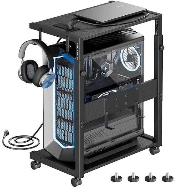 OBJLGEV Adjustable Computer Tower Stand with Charging Station & Wheels for Office Home Classroom, Black, 19.2 x 11.5 x 28.3 in.