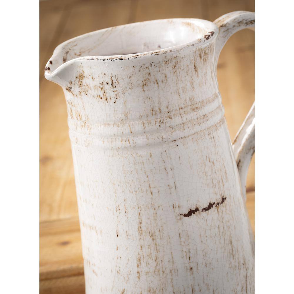 Off-White Glazed Ceramic Decorative Pitcher Vase 10"