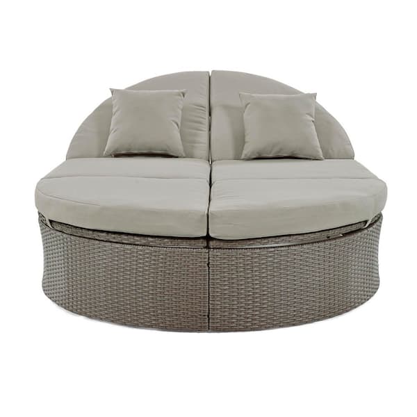 Unbranded Gray Wicker Outdoor Chaise Lounge with Symmetrical Adjustable Supports and Gray Cushions