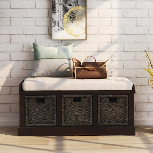 Espresso Rustic Entryway Storage Bench with Removable Cushion, Wood Bedroom Entrance Bench with 3 Removable Baskets