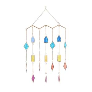29 in. Multi Colored Metal Geometric Indoor Outdoor Windchime with Stained Glass