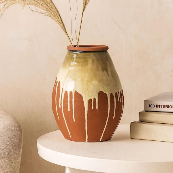12 In. Creamy Beige and Brown Ceramic Decorative Vase