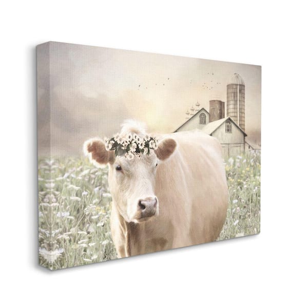 Stupell Industries "Realistic Cow Floral Crown Tranquil Farm Field" by Lori Deiter Unframed Print Animal Wall Art 24 in. x 30 in.