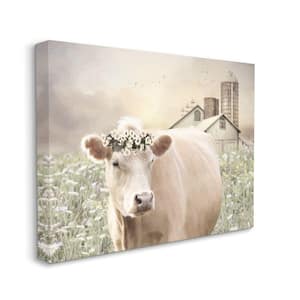 "Realistic Cow Floral Crown Tranquil Farm Field" by Lori Deiter Unframed Print Animal Wall Art 36 in. x 48 in.