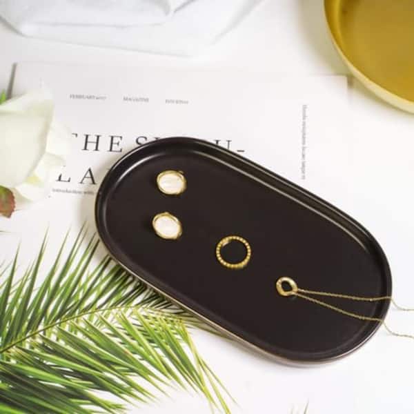 7 x 4 in Ceramic Catch All Tray Black Oval Decorative Vanity Tray