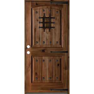 30 in. x 80 in. Mediterranean Knotty Alder Arch Top Provincial Stain Right-Hand Inswing Wood Single Prehung Front Door