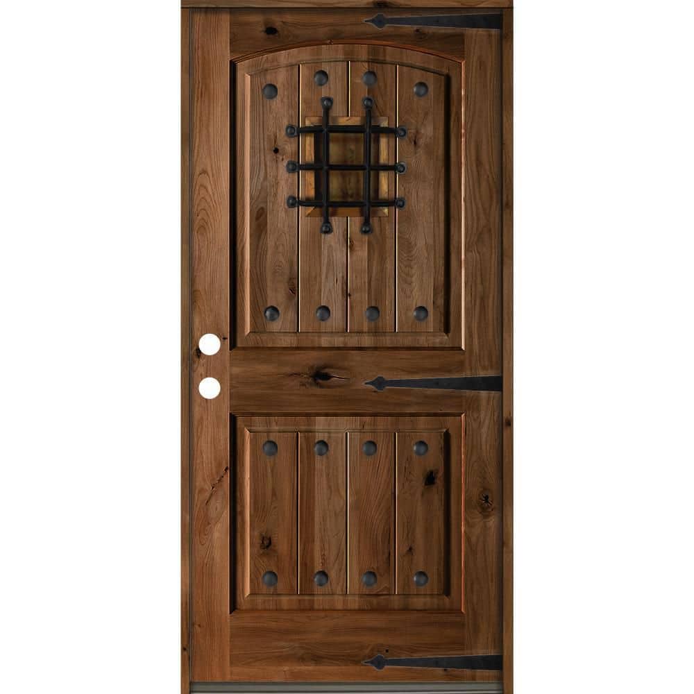 32 in. x 80 in. Mediterranean Knotty Alder Arch Top Provincial Stain Right-Hand Inswing Wood Single Prehung Front Door price history on PriceWatchPro