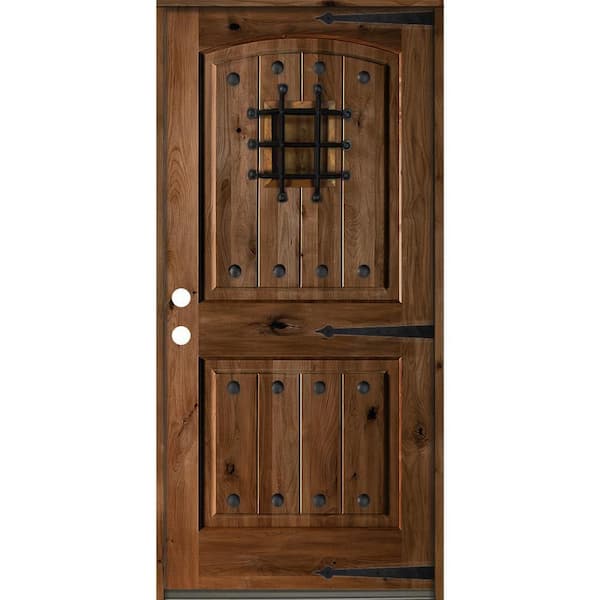 Krosswood Doors 36 in. x 80 in. Mediterranean Knotty Alder Arch Top Provincial Stain Right-Hand Inswing Wood Single Prehung Front Door