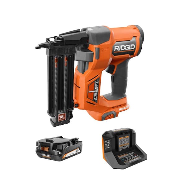 RIDGID 18V Brushless Cordless 18-Gauge 2-1/8 in. Brad Nailer with CLEAN DRIVE Technology with 2.0 Ah Battery and Charger