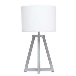19 in. Gray Wood Interlocked Triangular Table Lamp with White Fabric Shade