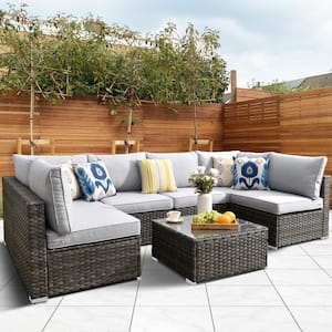 Maire Gray 7-Piece Wicker Outdoor Patio Conversation Sofa Seating Set with Light Gray Cushions