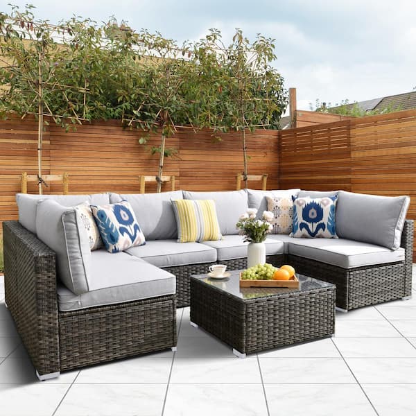 Toject Maire Gray 7-Piece Wicker Outdoor Patio Conversation Sofa Seating Set with Light Gray Cushions