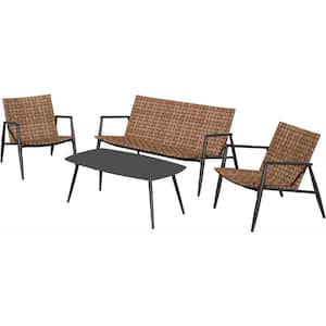 4-Piece Wicker Rattan Patio Conversation Set Outdoor Adirondack Chairs and Table Set