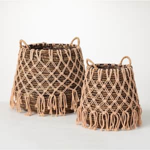15.5" and 13" Brown Fabric Boho Basket With Macrame Layer (Set of 2)