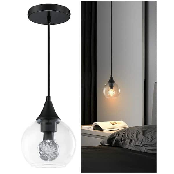 Modern 6 in. 1-Light Black Mini Pendant Light with Round Clear Glass Shade, Crystal Bulb Included
