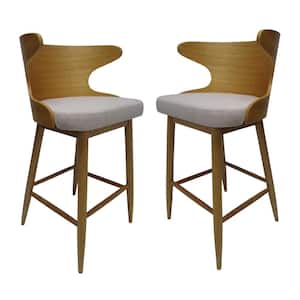 Kamryn Mid-Century Modern 30.25 in. Natural Wooden Bar Stools with Beige Fabric Seat Cushion (Set of 2)