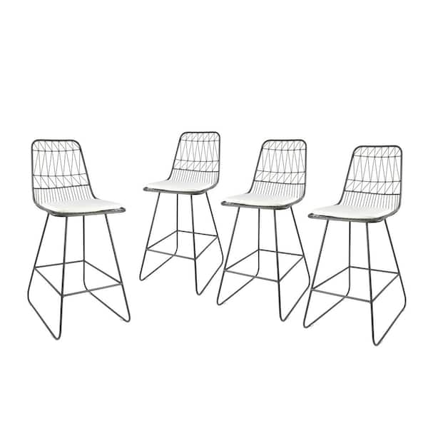 Niez Grey Metal Outdoor Patio Bar Stool with Ivory White Cushions (4-Pack)