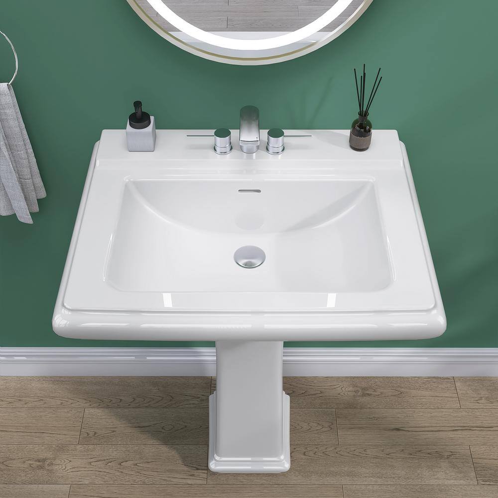 White Rectangular Ceramic Pedestal Sink with Overflow