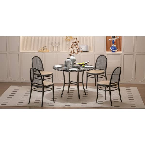 Round Dining Table for 4, 4 Legs Black Wood Top 36 in. Metal Frame Dining Table for Kitchen, Apartment and Small Spaces