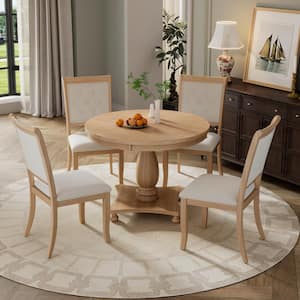 Retro 5 Piece Round Natural Wood Wash Wood Top Table Dining Set with Pedestal Table Base and 4 Upholstered Chairs