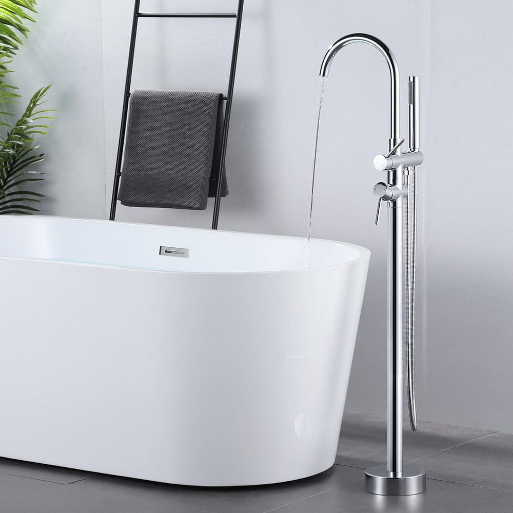 Chrome Double Handle Freestanding Tub Faucet with Handheld Shower
