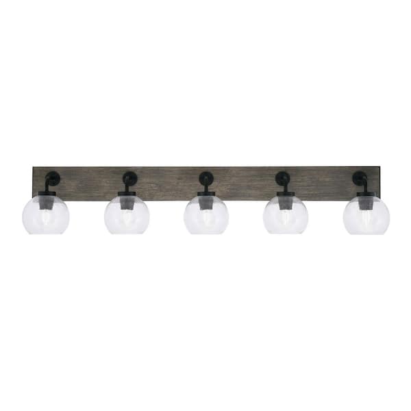 Unbranded Kirby 46.5 in. 5 Light Black & Painted Wood-look Vanity Light with 5.75 in. Clear Bubble Glass Shades No Bulbs Included