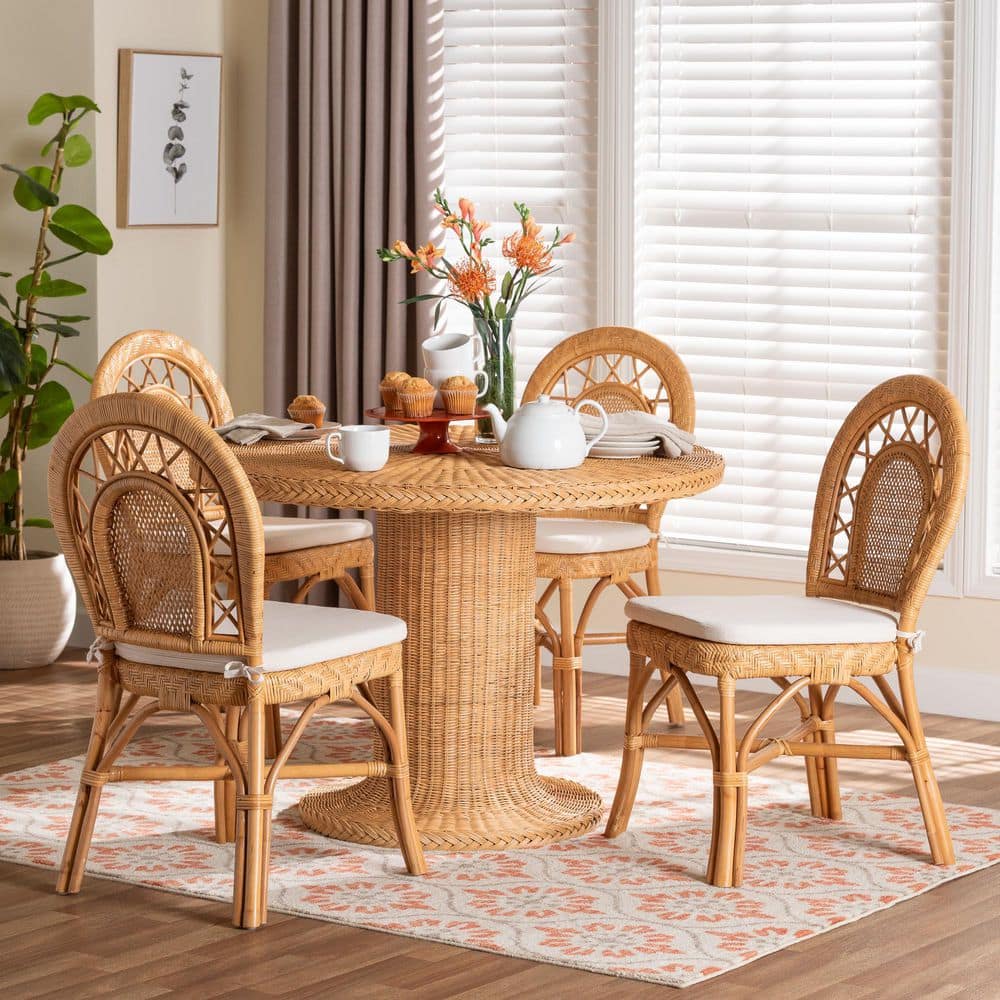 bali & pari Walker 5-Piece Light Honey Rattan Top Dining Set Seats