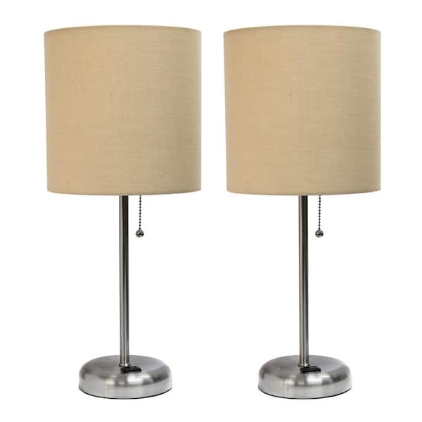 Creekwood home 19.5 in. Contemporary Bedside Duo, Brushed Steel Table Lamp 2-Pack Set with Power Outlet, Tan Shades