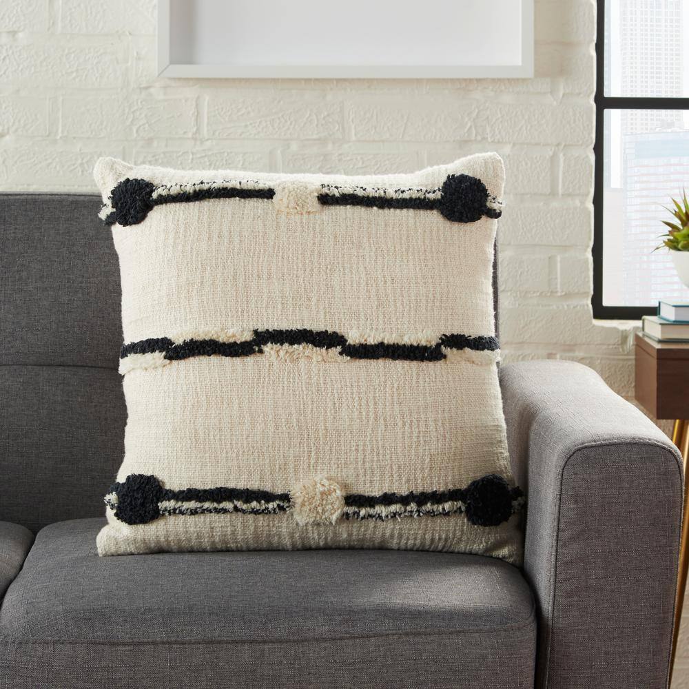 Black and Ivory Textured Pom Pom Kids Throw Pillow 18" x 18"