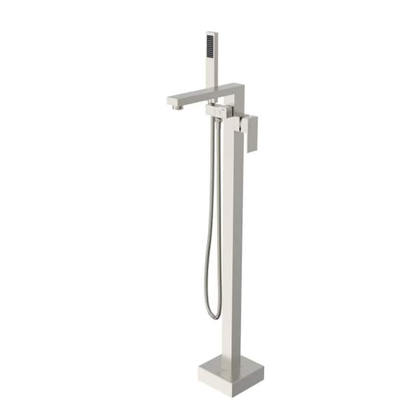 Timeless Home Dual-Handle Floor Mounted Roman Tub Faucet with Handshower in Brushed Nickel