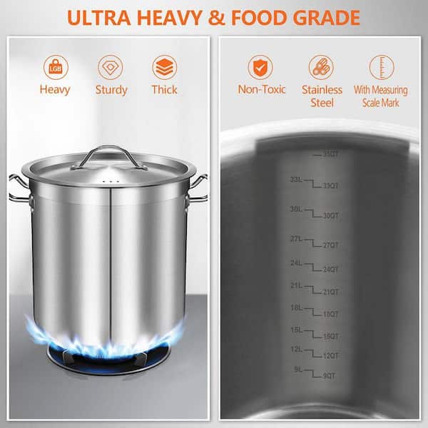 Stainless Steel Stock Pot with Lid - 35 qt. Capacity - Heavy Duty