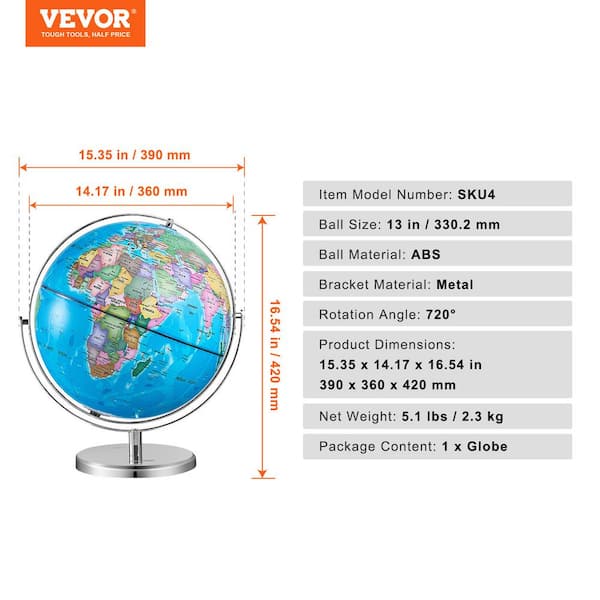 VEVOR 16.54 in. x 13 in. 330.2 mm Rotating World Globe with