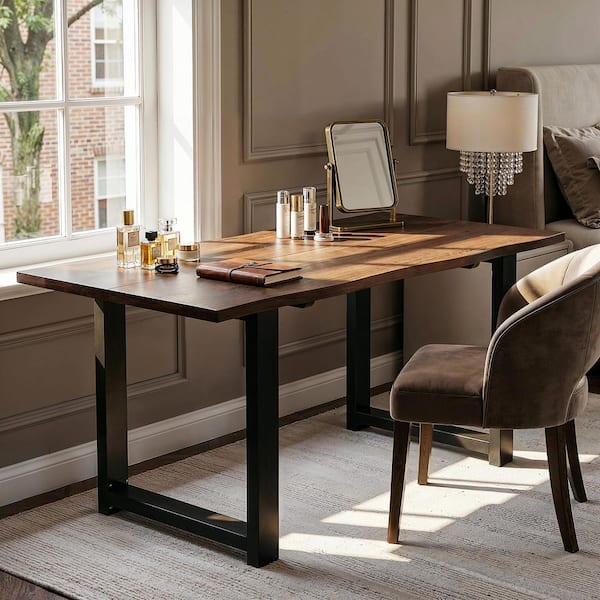 63 in. W Rectangular Walnut Wood Grain Solid Red Oak No-Drawer Writing Desk, Computer Desk with Solid Metal Base