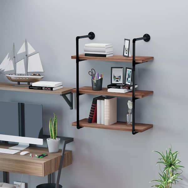 Unbranded 32 in. W x 12 in. D 3-Tier Rustic Brown Industrial Pipe Shelf Decorative Wall Shelf, Floating Wall Mounted Bookshelf