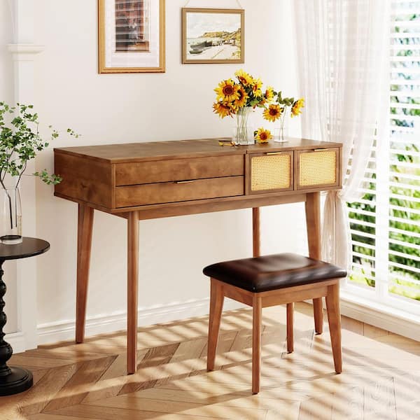 43.3 in. Modern Vanity Table Set with Mirror and stool in Brown
