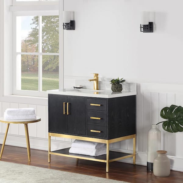 Wildy 36 in. W x 22 in. D x 34 in. H Bath Vanity in Black Oak with Grain White Composite Stone Top