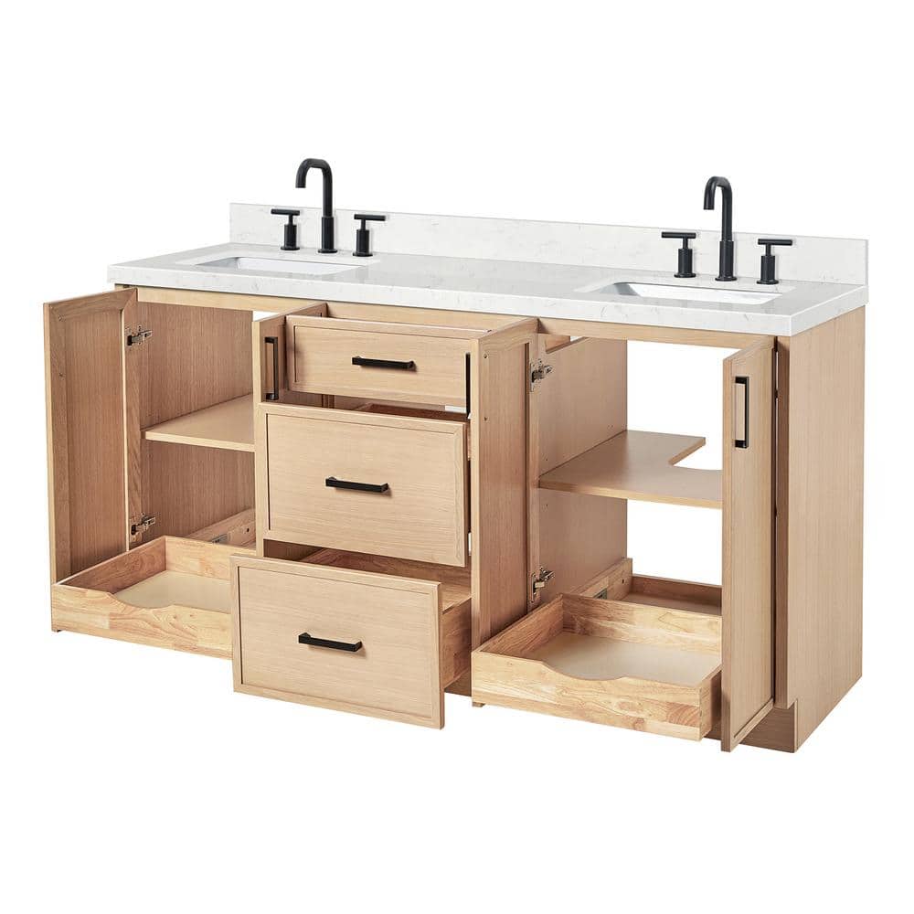 Kelly 66" Oak Double Sink Vanity with Carrara Quartz Top