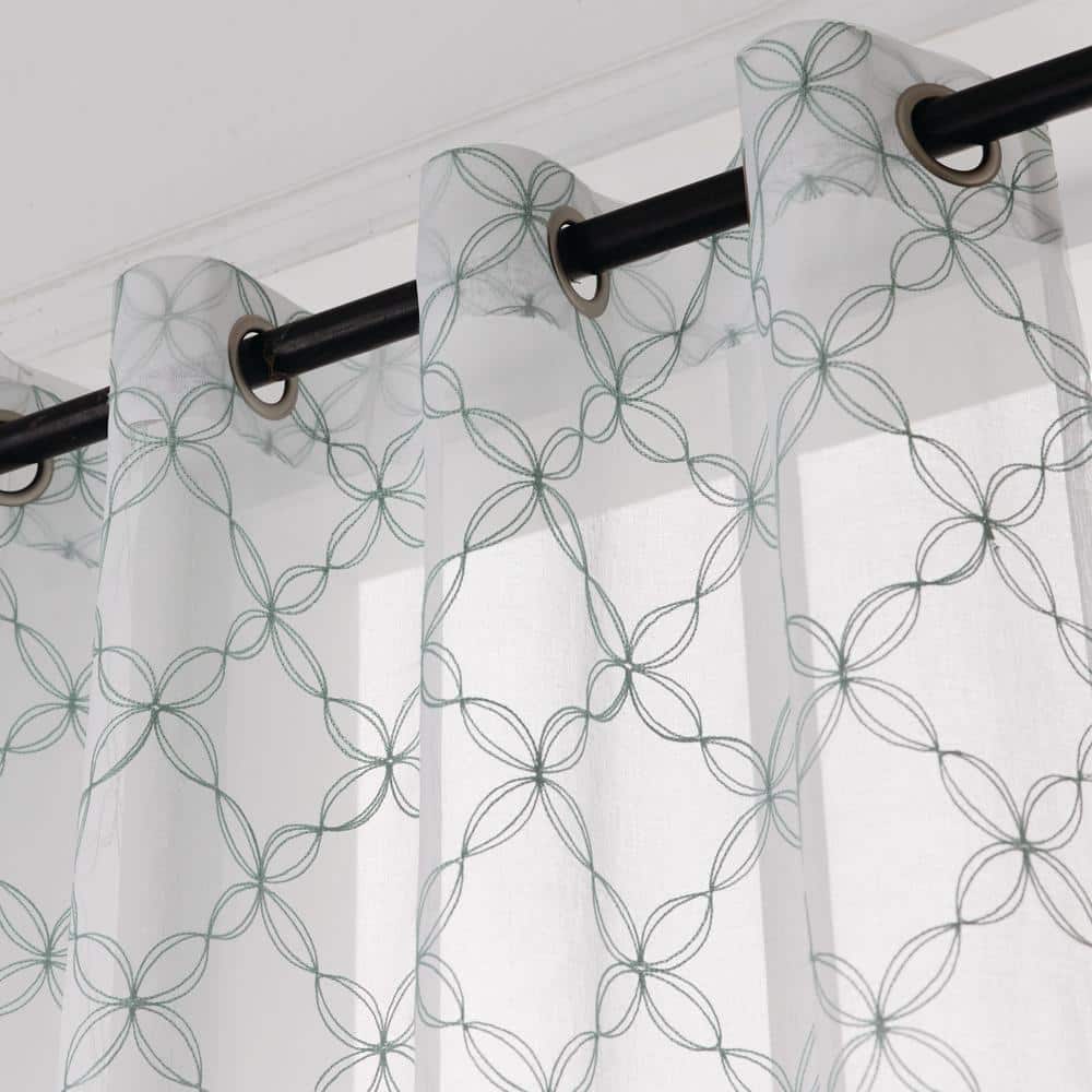 Lake Blue Sheer Polyester Embroidered Grommet Curtains 84"