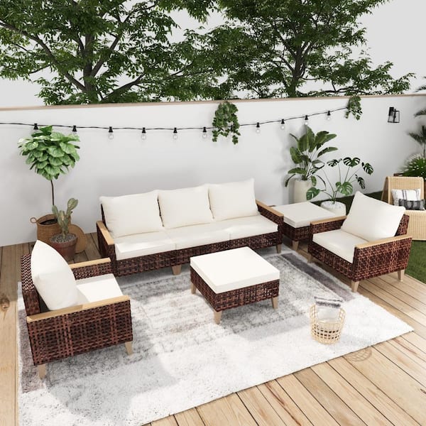 7-Pieces Brown Wicker Outdoor Sectional Sofa with Ottomans and White Cushions for Pool Patio Backyard