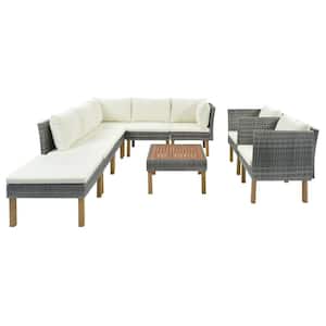 9-Piece Patio Wicker Outdoor Conversation Sofa Chair Set with Beige Cushions, Wood Legs, Acacia Wood Tabletop