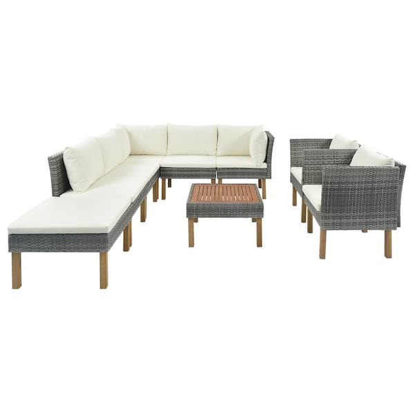FORCLOVER 9-Piece Patio Wicker Outdoor Conversation Sofa Chair Set with Beige Cushions, Wood Legs, Acacia Wood Tabletop