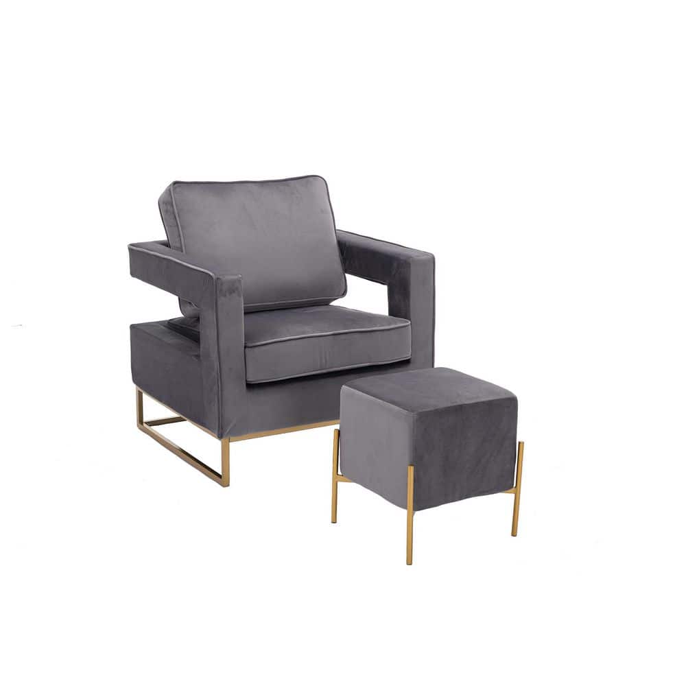 Ethan Contemporary Gray Velvet Accent Stool with Gold Finish Legs