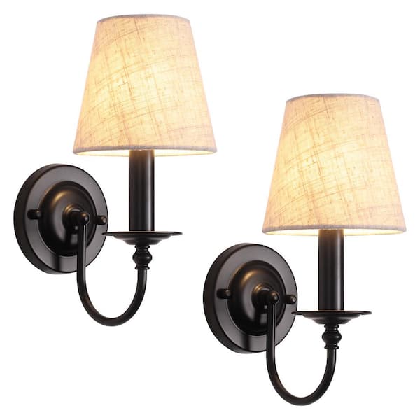 LWYTJO 5.51 in. 1-Light Vintage Black Modern Industrial Wall Sconce with Fabric Shade (Set of 2)