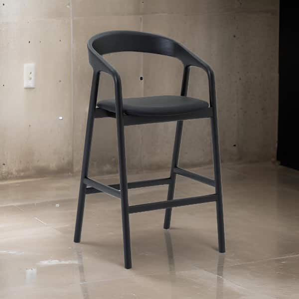 36 in. Black Low Back Wood Frame Bar Stool with Faux Leather Seat