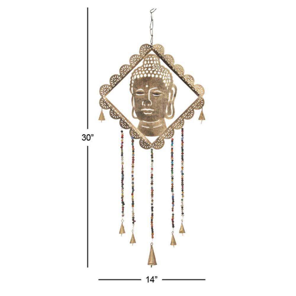 Gold Metal Buddha Windchime with Glass Beads and Cone Bells