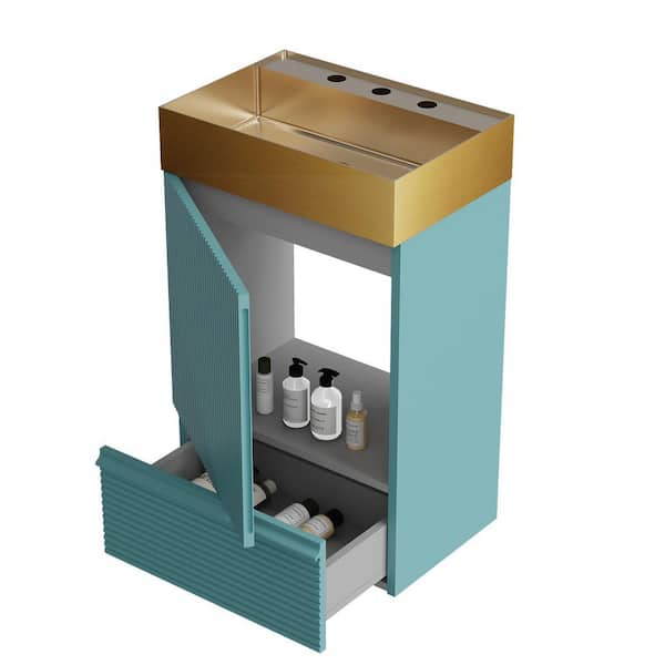 BEANS 20 in. W Single Sink Freestanding Striped Aqua Bath Vanity with Gold Stainless Steel Top for Modern Bathroom