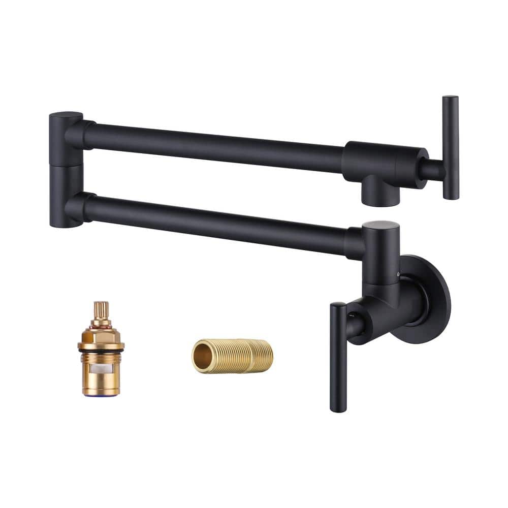 ARCORA Brass Double Handle Wall Mount Pot Filler in Matte Black