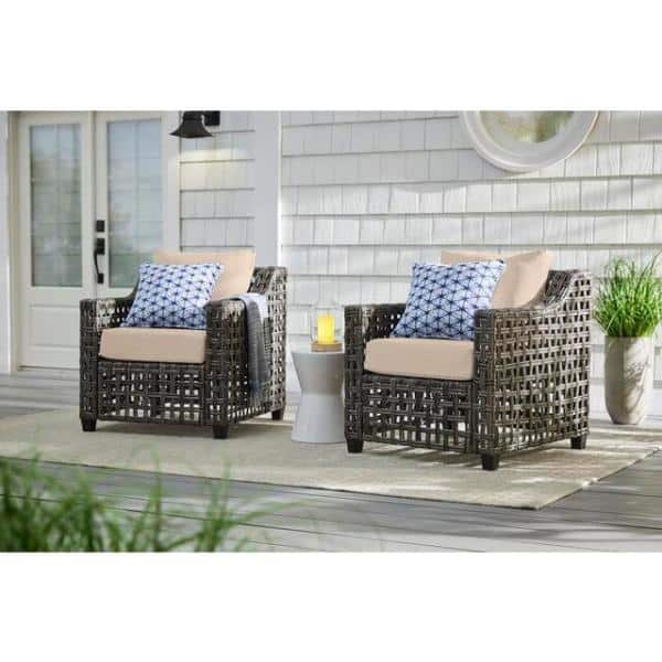 Hampton Bay Briar Ridge Brown Wicker Outdoor Patio Deep Seating Lounge Chair with CushionGuard Putty Tan Cushions (2-Pack)
