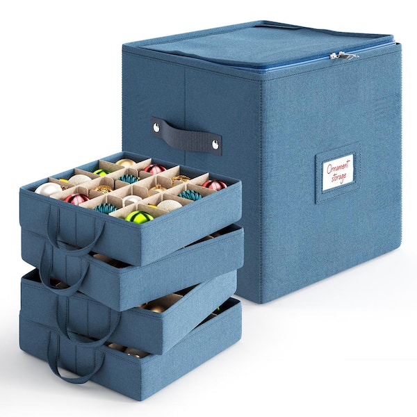 Blue Non-Woven Fabric Medium Christmas Ornament Storage Box with Tray Dividers