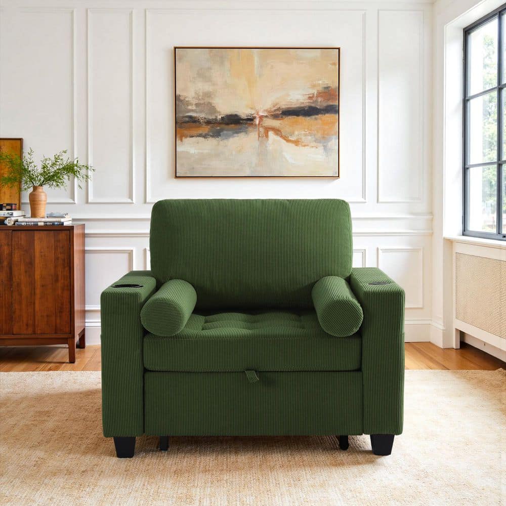 Uixe 38.97 in. W Green Corduroy Convertible Twin Size Single Sofa